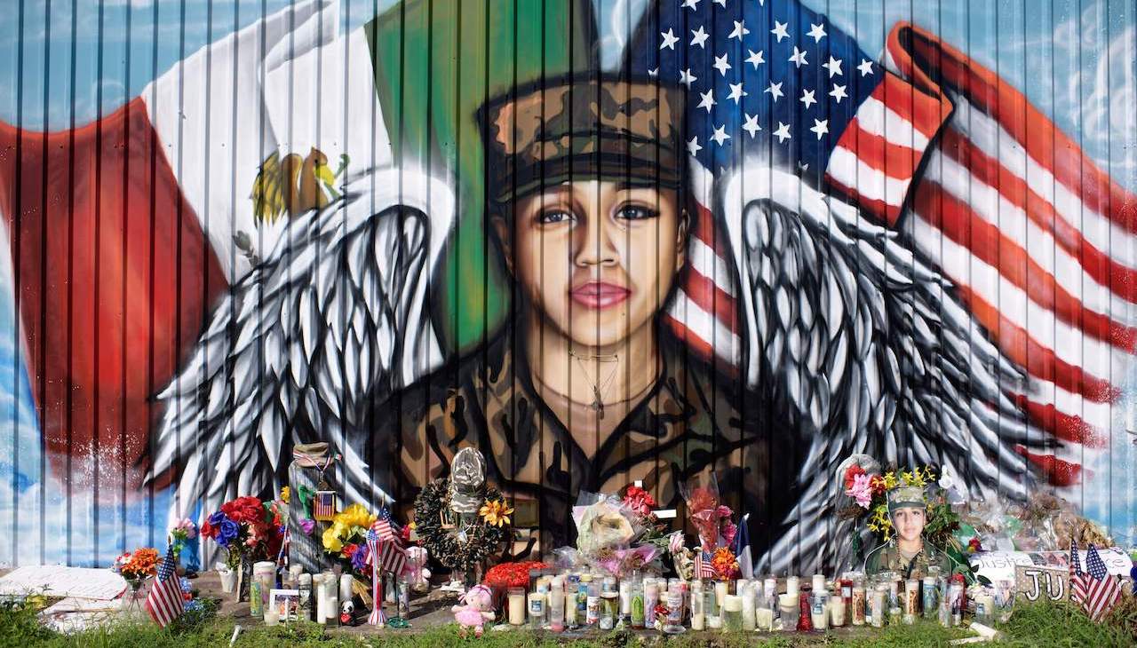 A mural depicting fallen Army Specialist Vanessa Guillén, who was brutally murdered at Fort Hood, Texas, in 2020. Photo: Mark Felix/AFP via Getty Images. 