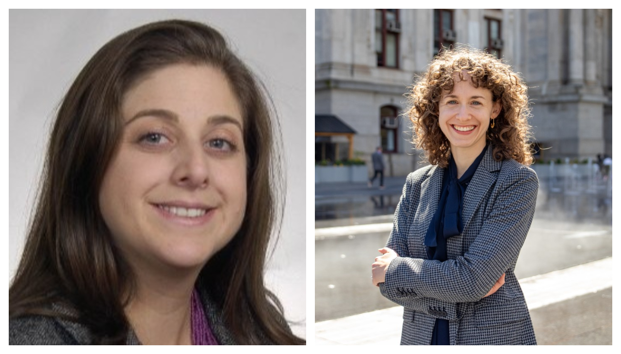 Two photos side by side. The left is Marisa Waxman, shown from the shoulders up. She has light skin and long brown hair, and is smiling. The right is Sabrina Maynard, standing before the Philadelphia City Hall. She is wearing a gray business suit, has light skin, and long curly hair. She has her arms crossed in front of her.