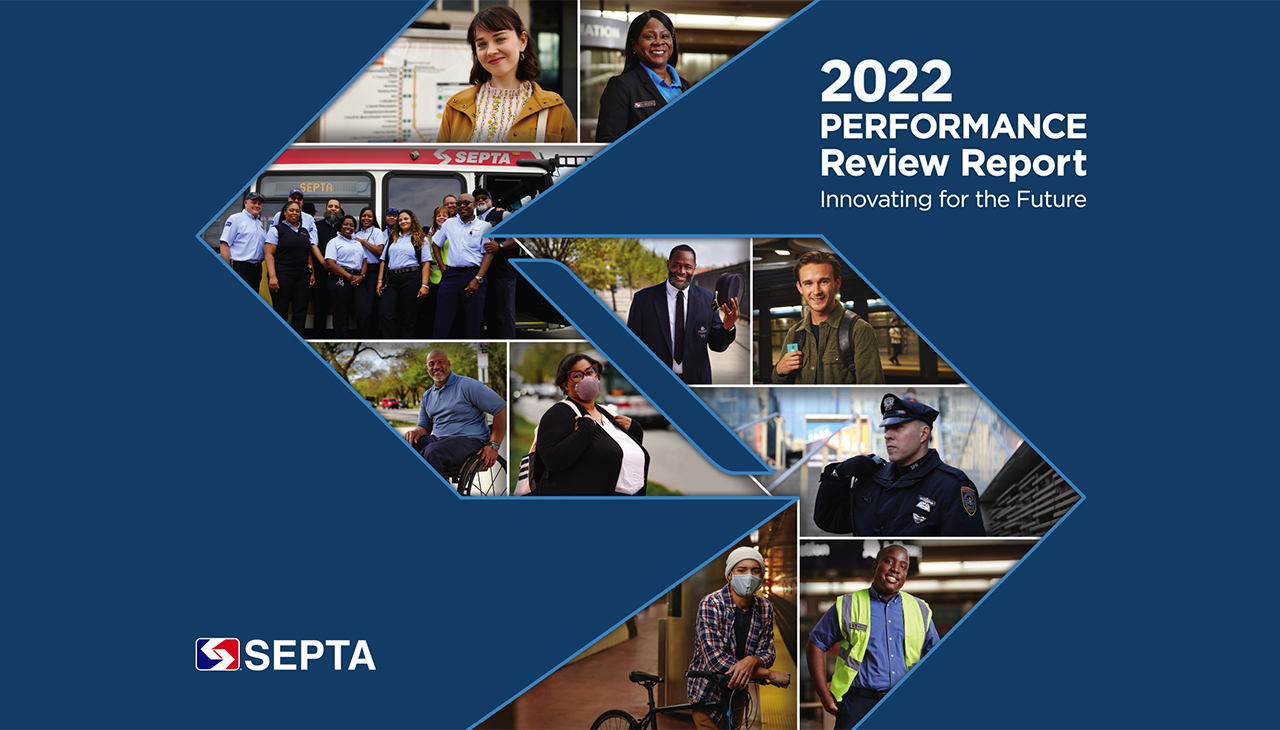 A segment of the header on the first page of SEPTA's "SEPTA Forward" 2022 Report. Text beside the logo reads "2022 Performance Review Report, Innovating for the future."