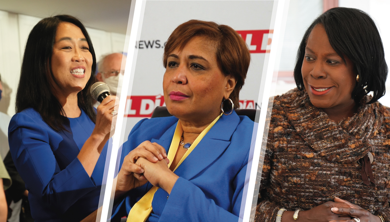 Left to right: Helen Gym, Maria Quiñones Sánchez, Cherelle Parker. Photos: Carlos Nogueras / AL DÍA News