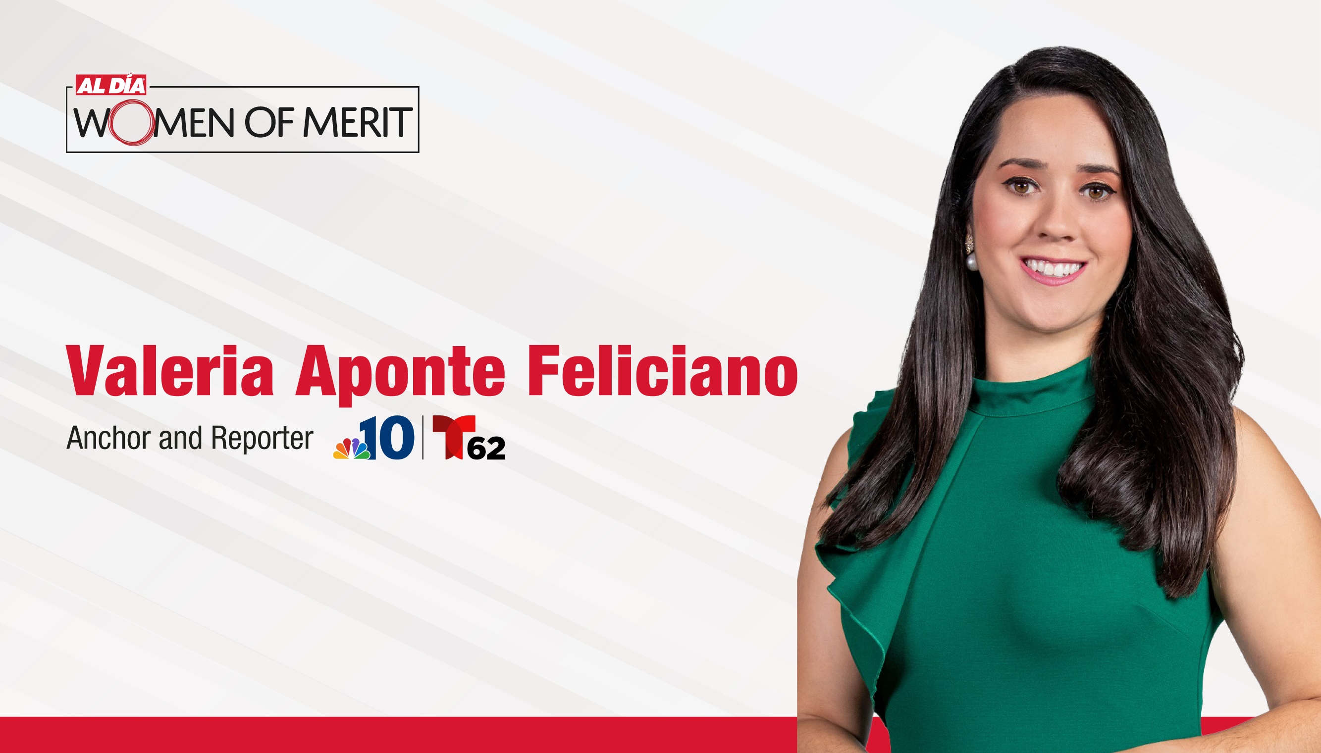 NBC10/Telemundo62 anchor and reporter Valeria Aponte Feliciano will emcee the 2023 AL DÍA Women of Merit Forum. Graphic: Mónica Hernández/AL DÍA News.