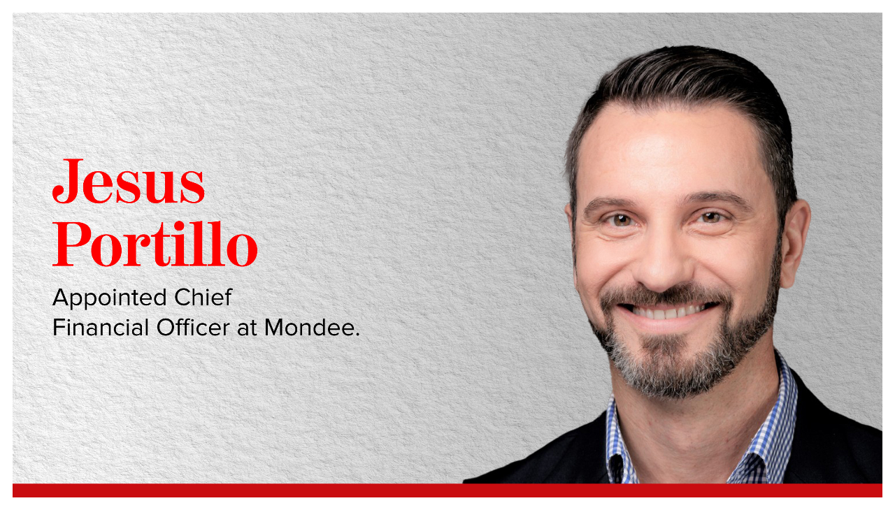 A photo of Jesus Portillo, a Latino man with short hair and a trimmed beard shown from the shoulders up. Beside him is text reading "Jesus Portillo; Appointed Chief Financial Officer at Mondee."