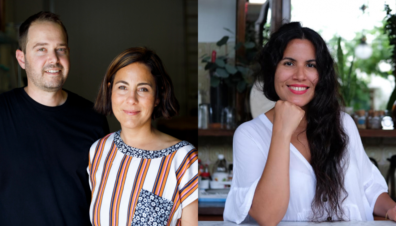 Two photos side by side. On the left are Mark and Marissa Gencarelli, a Latino man and woman shown from the waist up. Mark is dressed in a black shirt, while Marissa is wearing a red and white vertically striped shirt. On the right is Natalia Vallejo, a woman wearing a white shirt with long black hair. She is resting her chin on her hand and behind her are numerous plants.