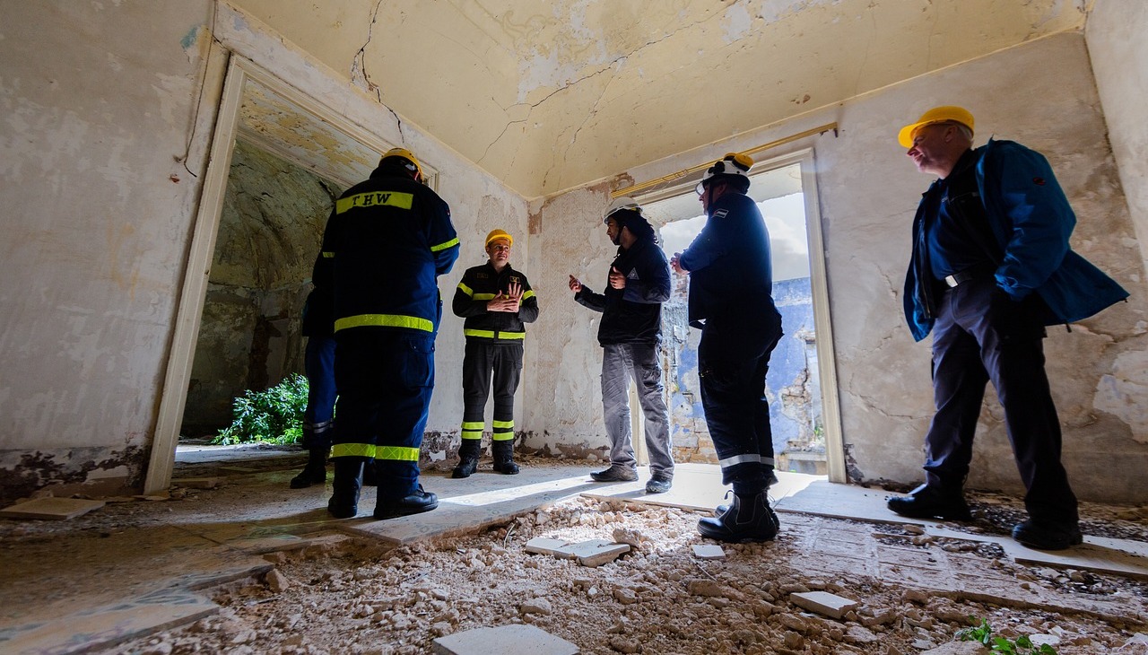 Volunteers working on reconstruction after a disaster. 