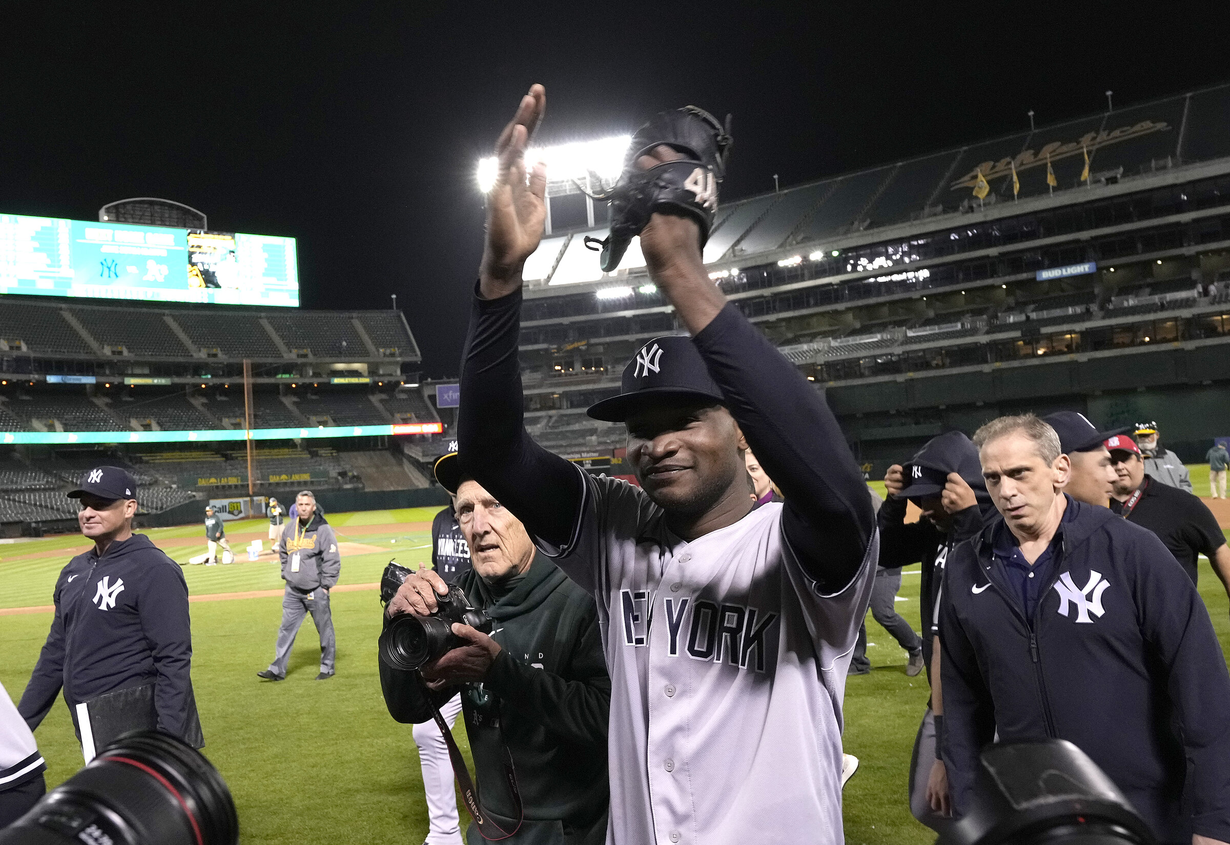 Domingo German #0 of the New York Yankees celebrates after pitching a no-hit perfect game against the Oakland Athletics defeating them 11-0 at RingCentral Coliseum on June 28, 2023 in Oakland, California. Photo: Thearon W. Henderson/Getty Images.