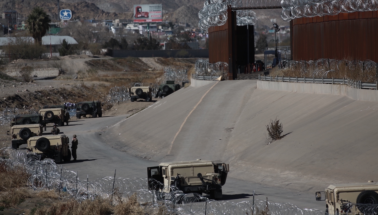 Texas National Guard soldiers standing watch when Biden visited the border back in January. Photo: Christian Torres/Anadolu Agency via Getty Images