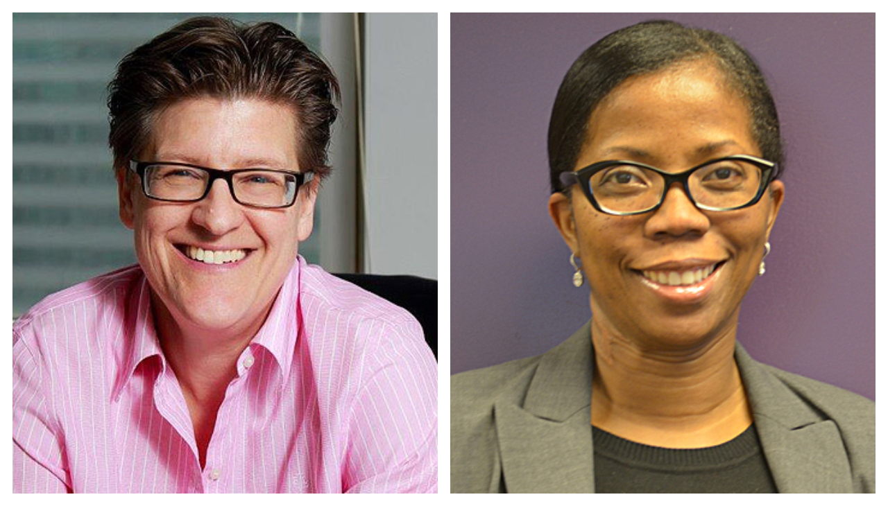 On the left is Ann Fadullon, a white woman with a pink collared shirt, glasses, and short hair, facing the viewer and is smiling. On the right is Eleanor Sharpe, a Black woman wearing an olive colored business blazer, who has black hair in a bun behind her head, is wearing glasses. She is facing the viewer and is smiling.