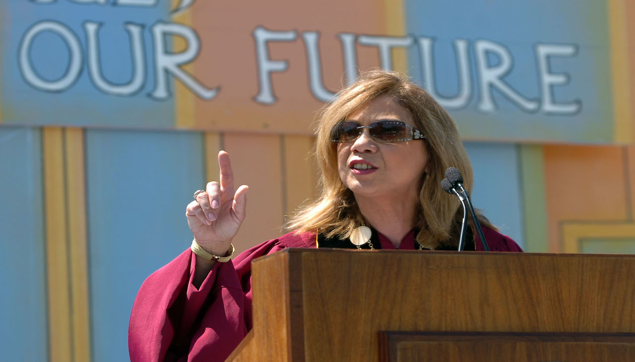 Dr. Garcia delivering her address at the Inauguration of CSUDH when she was President. Photo by Scott Varley/Digital First Media/Torrance Daily Breeze via Getty Images)