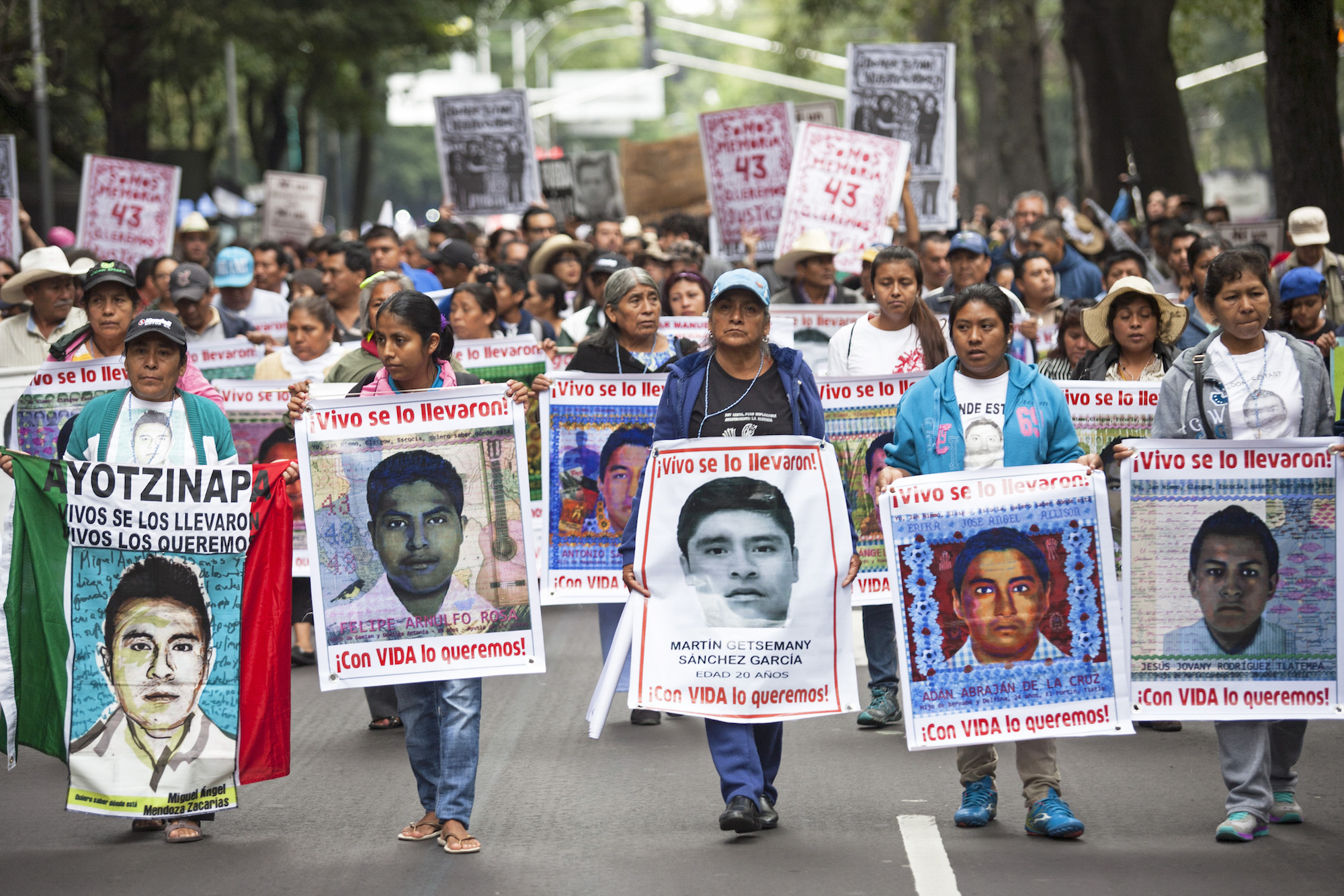 Family of 43 missing students from Ayotzinapa Normal school lead a protest, September 26, 2015 in Mexico City, Mexico. Photo: Brett Gundlock/Getty Images.