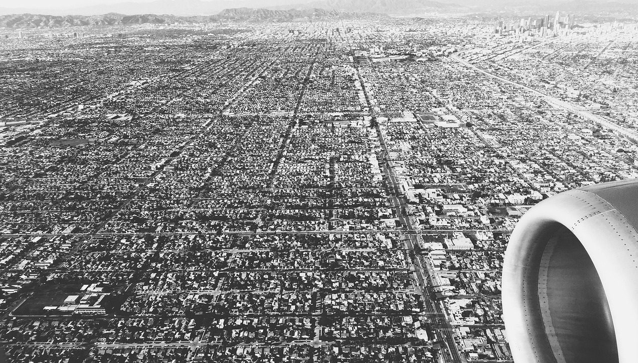 A panoramic view of Los Angeles from an airplane. 