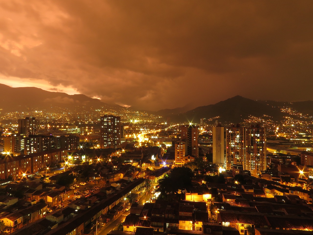 Night panoramic view of Medellín, Colombia.