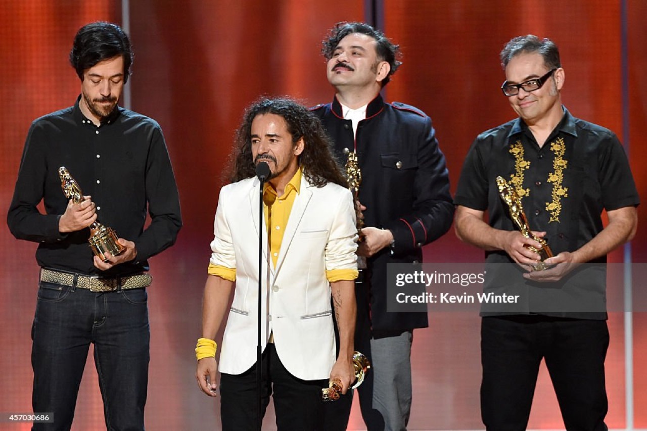 Musicians Emmanuel del Real, Ruben Isaac Albarran Ortega, Enrique Rangel and Joselo Rangel of Cafe Tacvba accept the NCLR ALMA de Tu Mundo Award onstage during the 2014 NCLR ALMA Awards at the Pasadena Civic Auditorium on October 10, 2014 in Pasadena, California. 