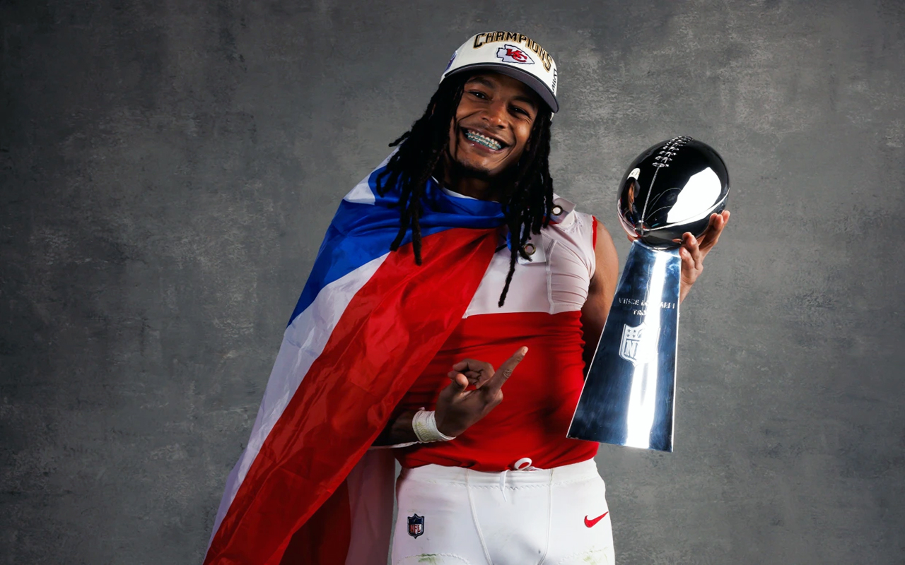  Isiah Pacheco of the Kansas City Chiefs with the Vince Lombardi Trophy in Las Vegas after the Chiefs beat the San Francisco 49ers on Sunday, February 11. Ryan Kang / Getty Images