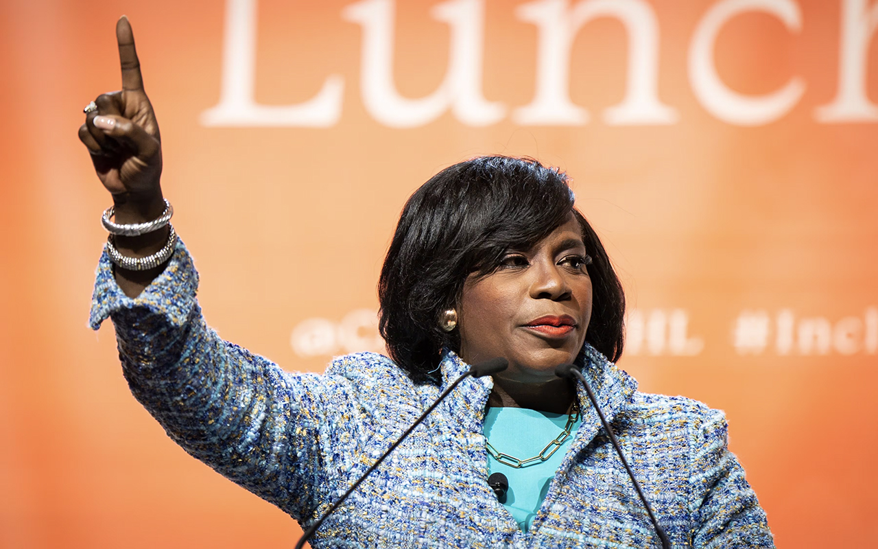 Mayor Cherelle Parker addresses the Chamber of Commerce for Greater Philadelphia's annual Mayoral Luncheon. Photo: Jessica Griffin/Philadelphia Inquirer