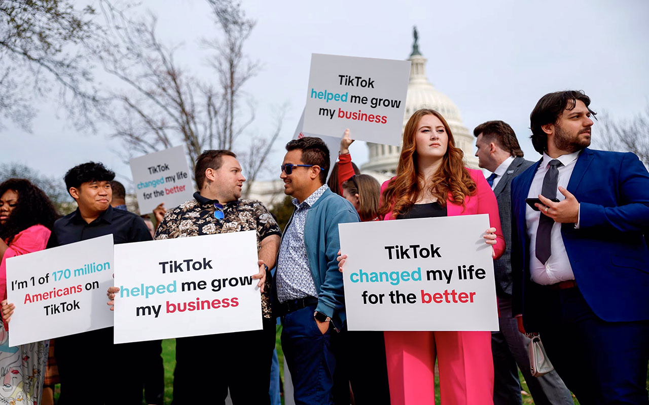 Participants hold signs in support of TikTok outside the U.S. Capitol Building on March 13, 2024 in Washington, DC. Anna Moneymaker/Getty Images