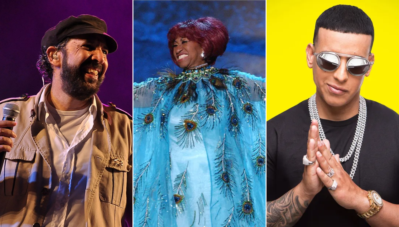 Juan Luis Guerra, Celia Cruz y Daddy Yankee han sido algunos de los artistas latinos más influyentes en la música. Foto: Collage WikiCommons.