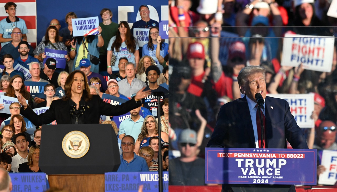 Kamala Harris, durante un mitin en la Universidad de Wilkes, en Wilkes-Barre, Pensilvania. Photo by KYLE MAZZA / NurPhoto / NurPhoto via AFP. El expresidente Trump, durante un mitin en Butler, Pennsylvania. Photo by Jim WATSON / AFP