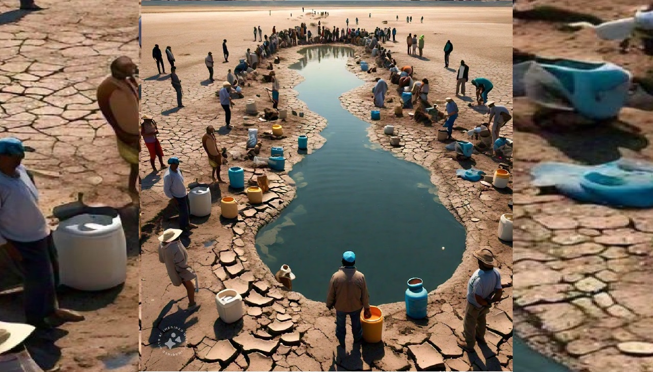 Personas al rededor de un pozo de agua en el desierto. Imagen generada por Llama 3.2. de Meta