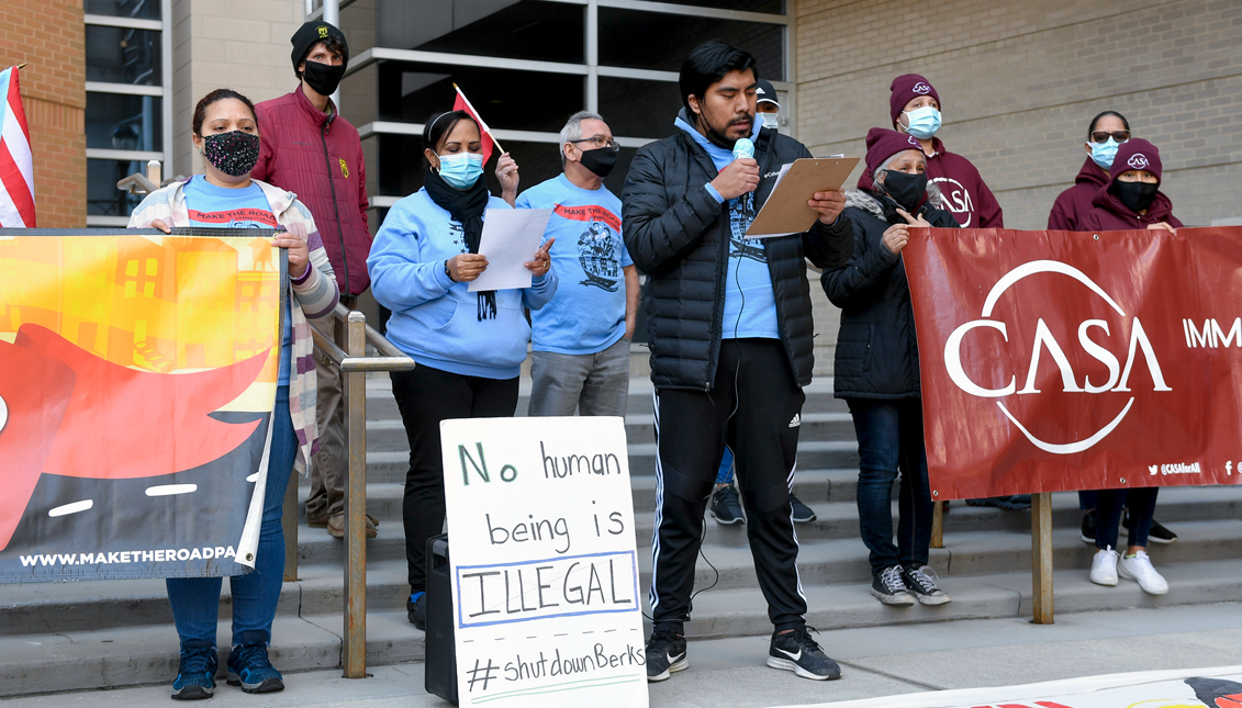 Armando Jimenez Carbarin, an organizer with Make the Road Pennsylvania, speaks during a protest on the steps of the Berks County Services Building in Reading, PA. Gettyimages