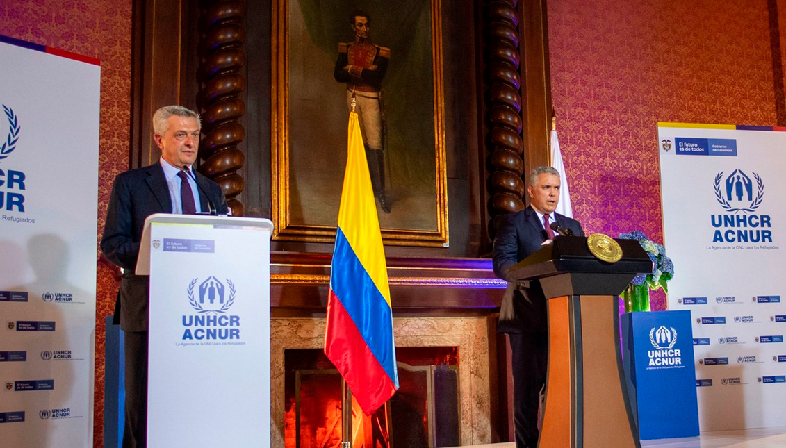 Colombian President Ivan Duque (right) and UN High Commissioner for Refugees Italian Filippo Grandi (left) held a briefing in Bogota on Feb. 8 to announce the temporary regularization of almost one million undocumented Venezuelans living in Colombia.Juan Barreto/AFP via Getty Images