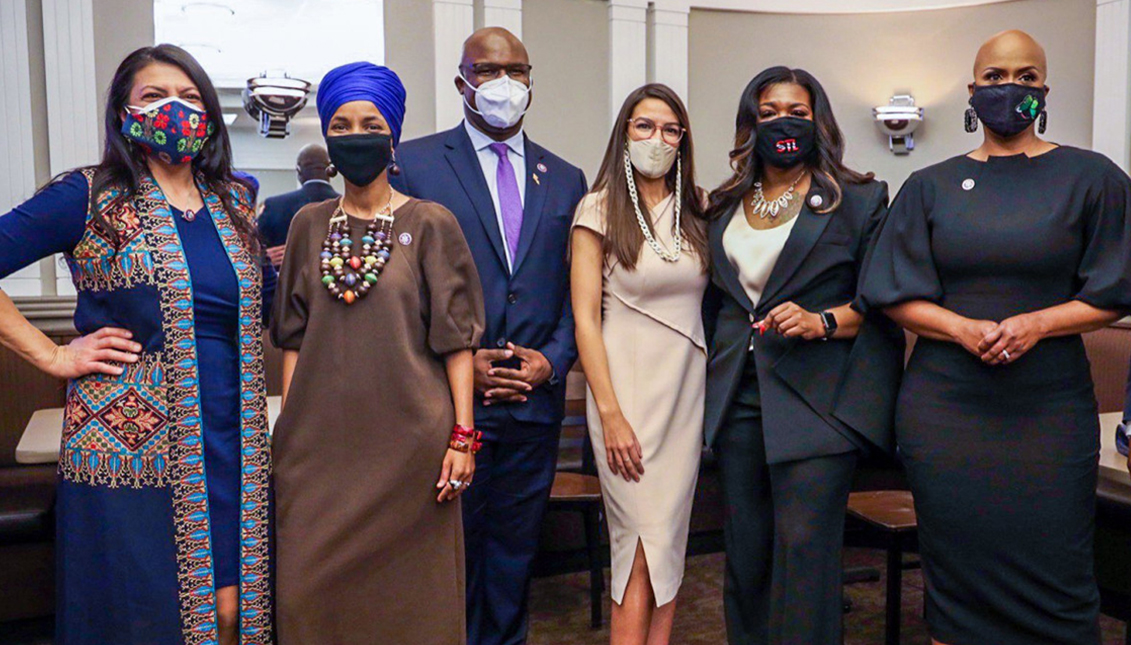 The Squad members, including newcomers Reps. Jamaal Bowman and Cori Bush, pose for a photo after being sworn into office as part of the 117th Congress. Photo: Twitter 