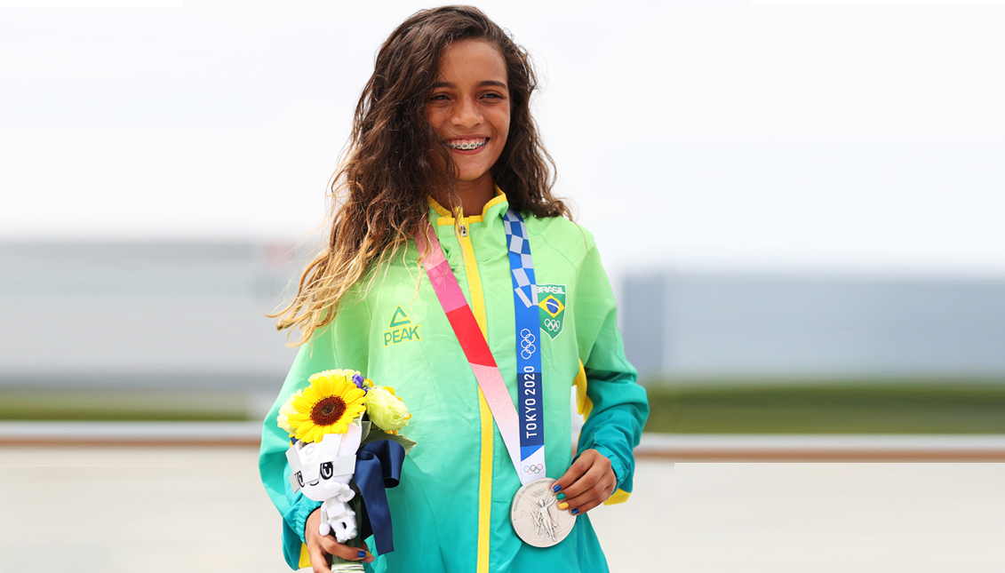 Rayssa Leal wins her silver medal at 13. Getty Images