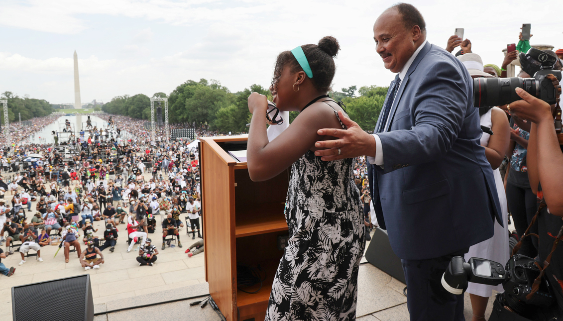 WASHINGTON, DC - AUGUST 28: Martin Luther King III, eldest son of Martin Luther King Jr., introduces his daughter Yolanda Renee King to speak at the "Get Your Knee Off Our Necks" Commitment March on Washington in support of racial justice, from the top of the steps of the Lincoln Memorial on August 28, 2020 in Washington, DC. Today marks the 57th anniversary of Rev. Martin Luther King Jr.'s "I Have A Dream" speech at the same location. (Photo by Jonathan Ernst-Pool/Getty Images)
