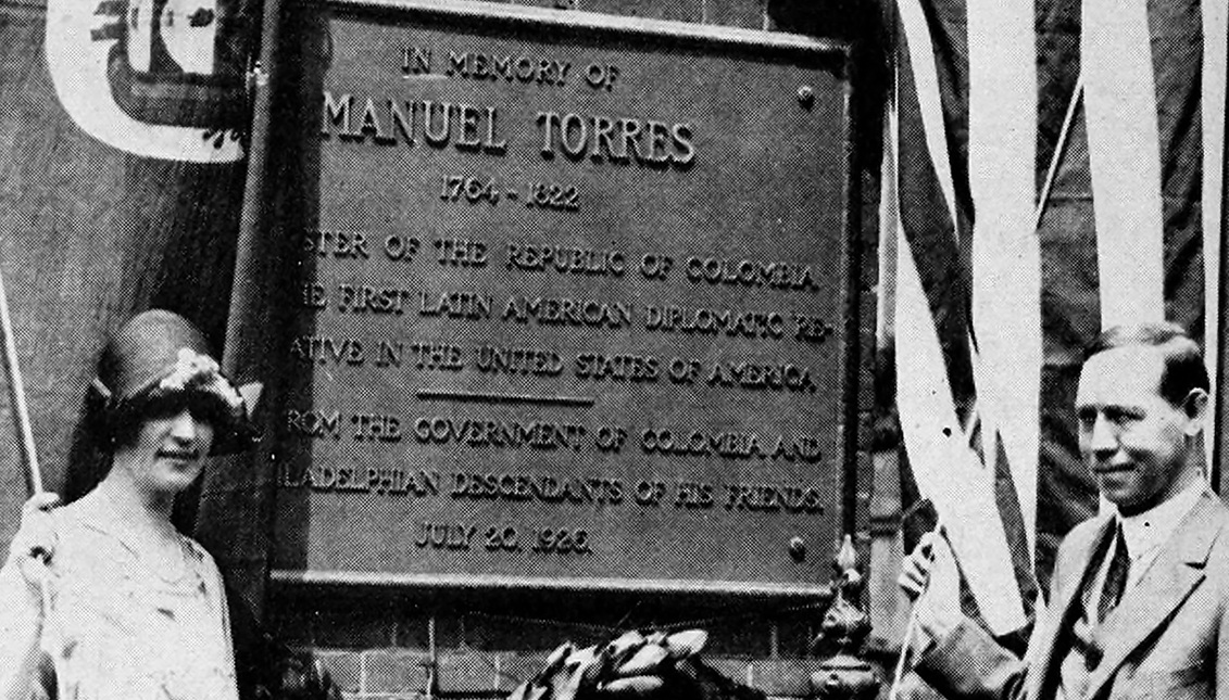 Colombian minister Enrique Olaya Herrera,  president of Colombia 1930- 1934 , and his wife reveal the Manuel Torres plaque in Philadephia in 1928 .   Wikipedia