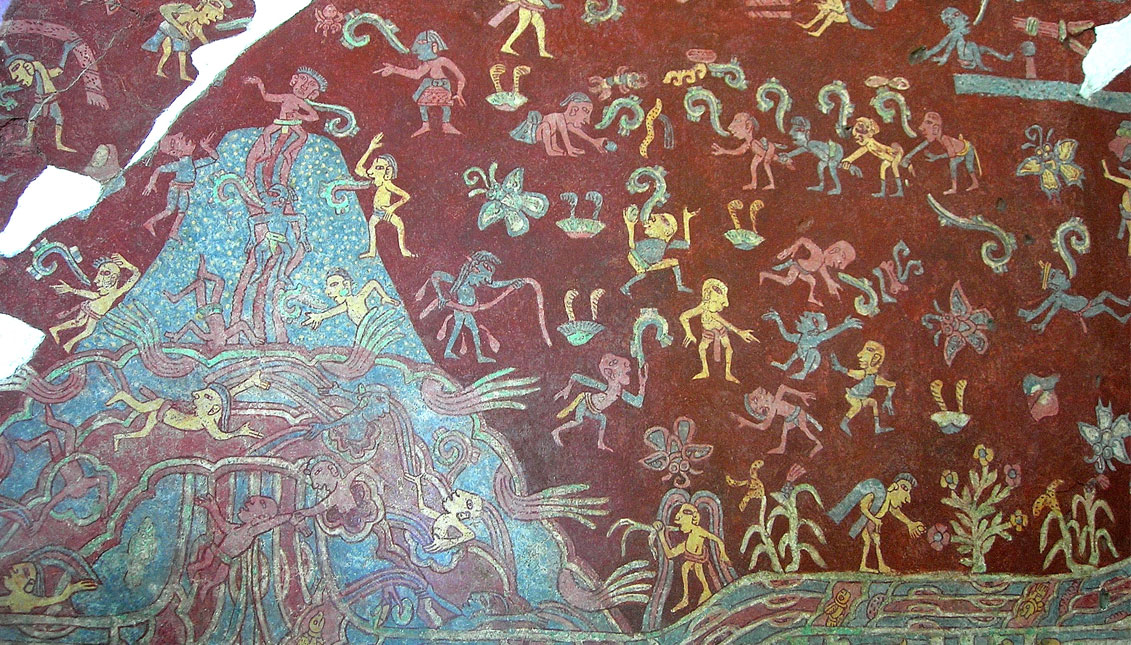 Foto que muestra parte de un mural en el complejo Tepantitla en las ruinas de Teotihuacán. Este mural aparece directamente debajo de la imagen de la Gran Diosa de Teotihuacán.  lifeder.com