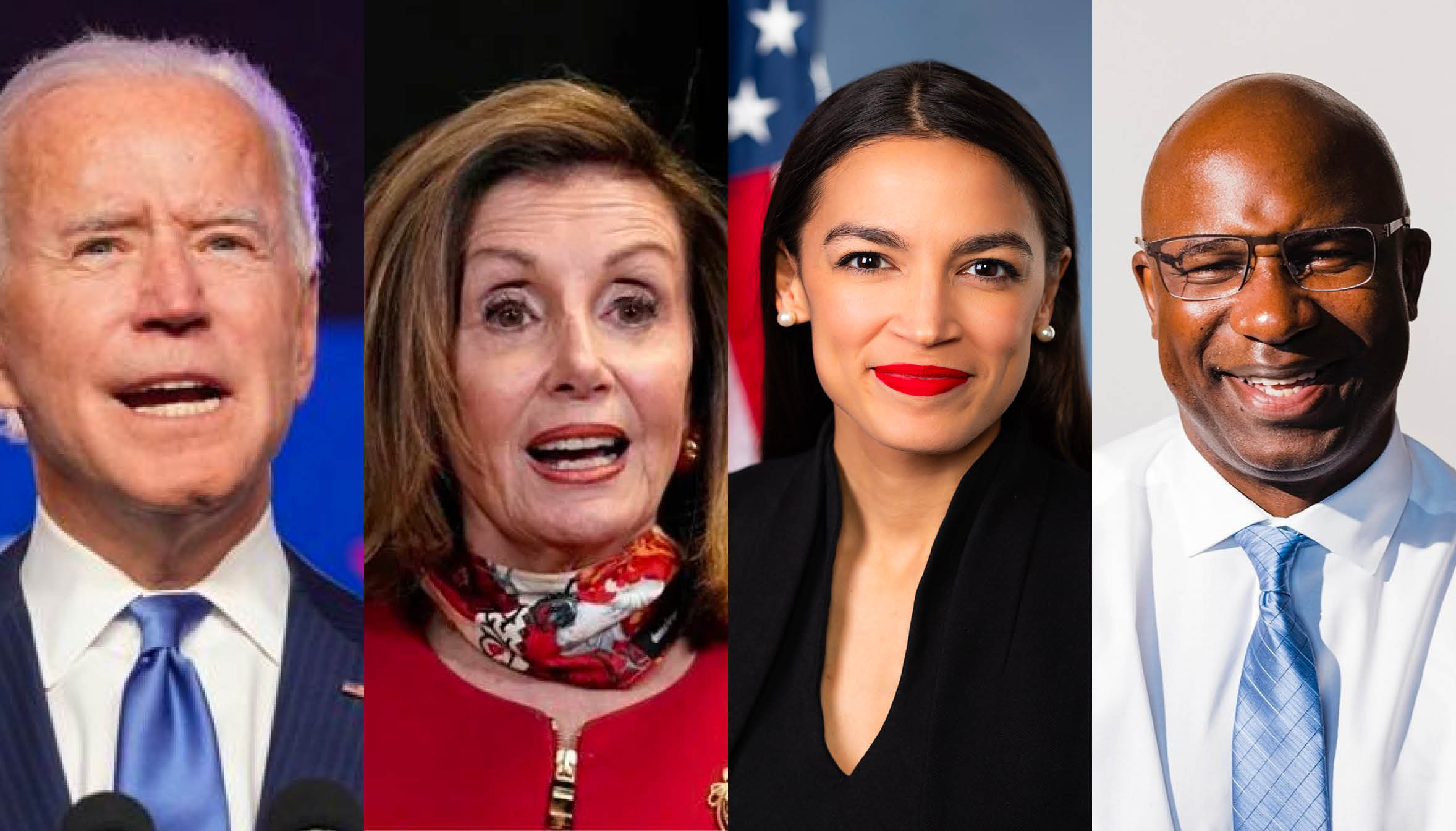 From left: President-elect Joe Biden, House Speaker Nancy Pelosi, Rep. AOC, Representative-elect Jamaal Bowman. Photo: Getty, Wikipedia