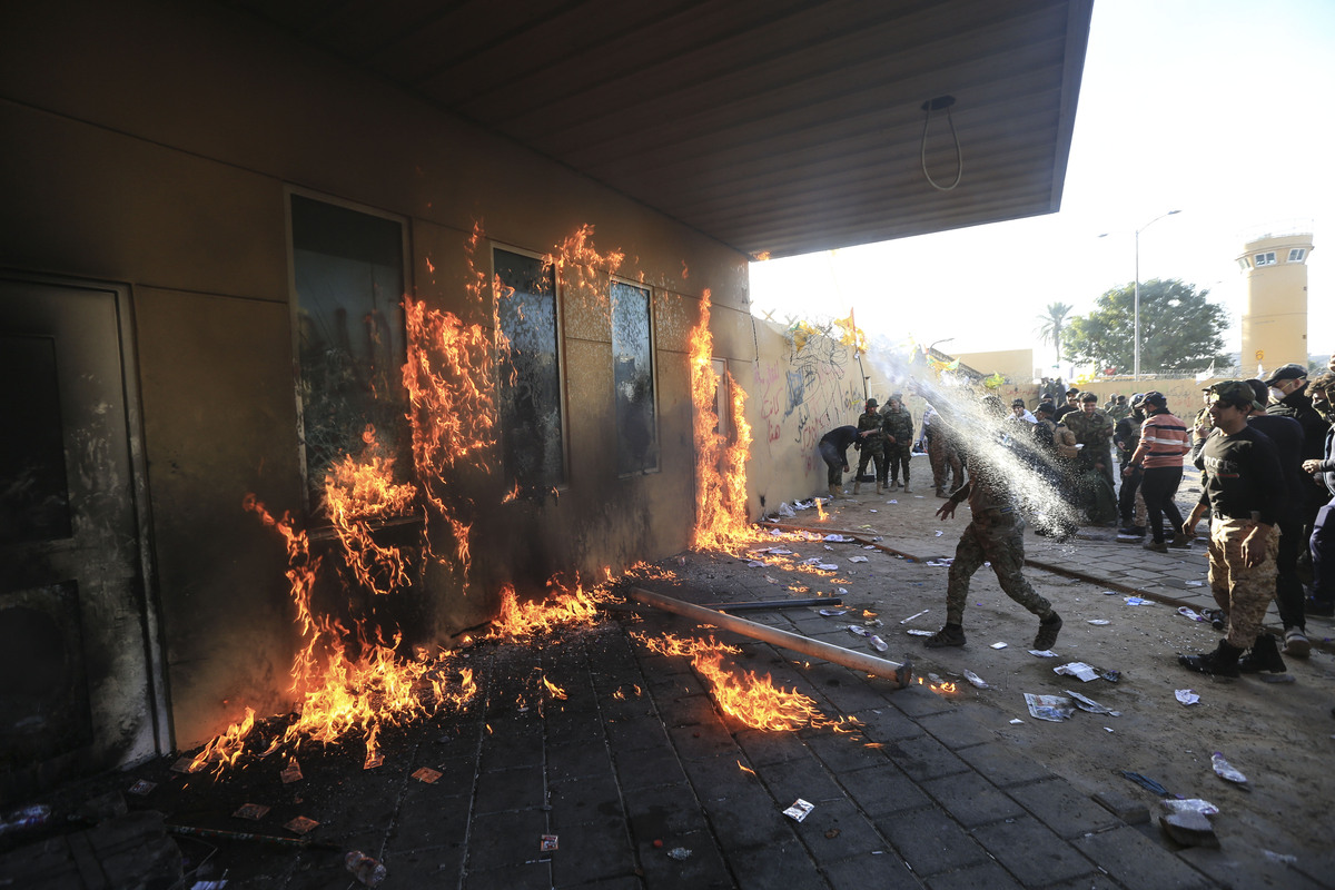  Iraqi protesters storm the US Embassy in Baghdad on 31 December 2019. Less than a month later 3 rockets impacted the U.S Embassy in Baghdad. Photo: Murtadha Sudani / Anadolu Agency