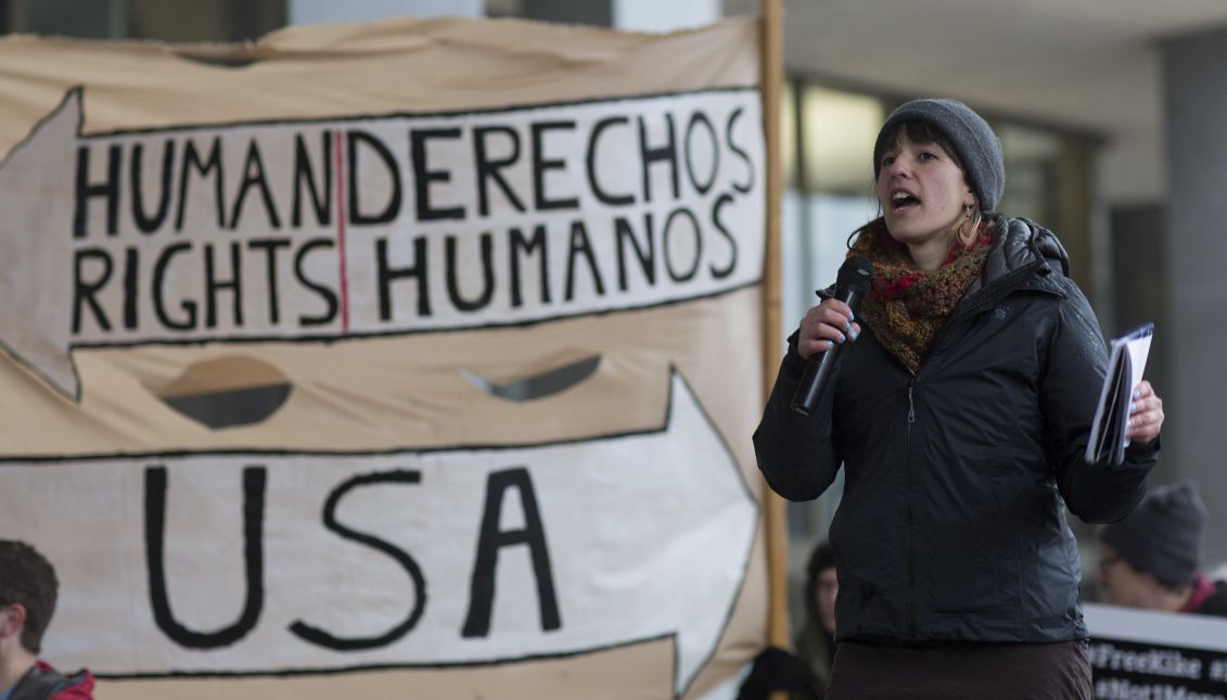 Kate Canelstein with Vermont Workers Center, address a rally demanding the release of two activists, Zully Palacios and Enrique Balcazar, who are community organizers with Migrant Justice, and detained migrant worker Alex Carrillo, outside the John F Kennedy Federal Building in Boston, Massachusetts, USA 27 March 2017. EPA/CJ GUNTHER