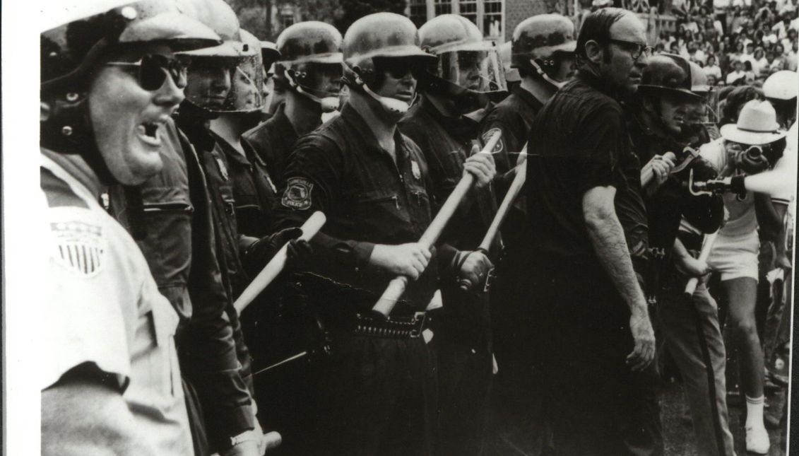 Photo provided by the University of Florida (UF) showing then Catholic priest Michael Gannon (2R), trying to mediate between police and students during a violent protest in Gainesville, Florida, United States on May 1972. EFE/UF
