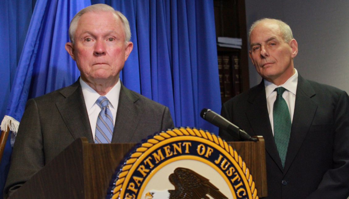 US Attorney General Jeff Sessions speaks next to US Homeland Security Secretary John Kelly during a press conference in El Paso, Texas, United States, Apr. 20, 2017. EFE/Luis Pablo Hernandez