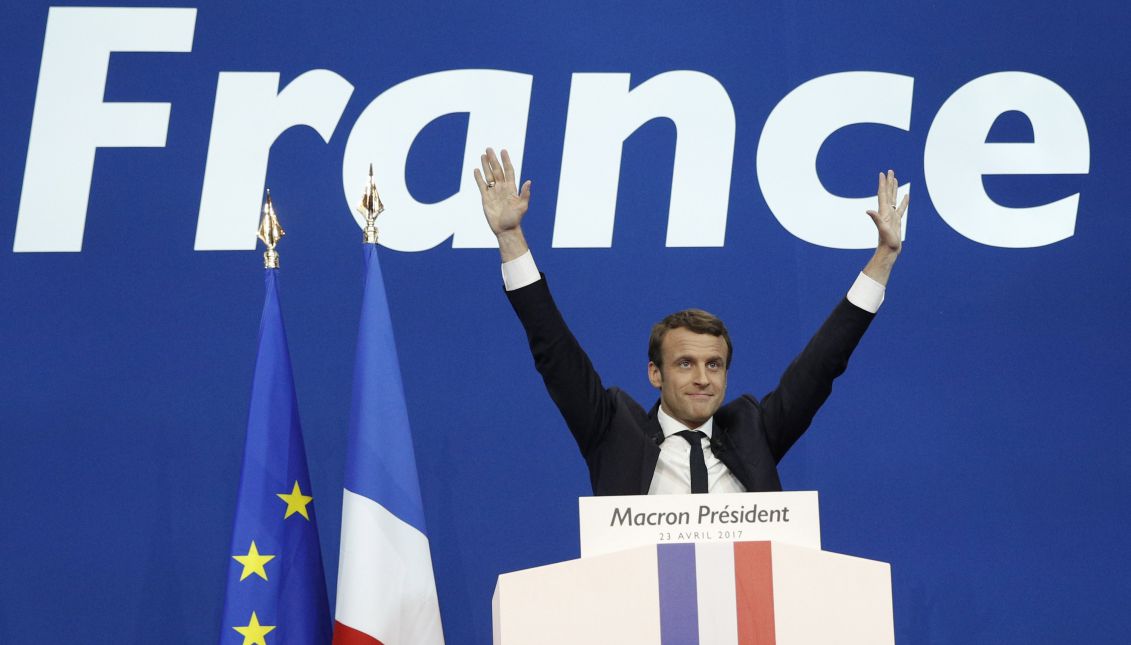 French presidential election candidate for the 'En Marche!' (Onwards!) political movement, Emmanuel Macron celebrates after the first round of the French presidential elections in Paris, France, 23 April 2017. EPA/YOAN VALAT