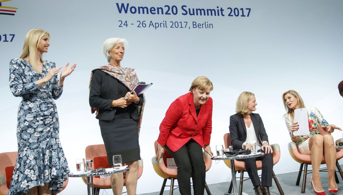  President Donald J. Trump's assisant and daughter Ivanka Trump, Managing Director of the International Monetary Fund (IMF) Christine Lagarde, German Chancellor Angela Merkel, moderator Miriam Meckel and Dutch Queen Maxima during a panel discussion 'Inspiring women: Scaling Up Women's Entrepreneurship' at the W20 Summit in Berlin, Germany, Apr. 25, 2017. EPA/CARSTEN KOALL
