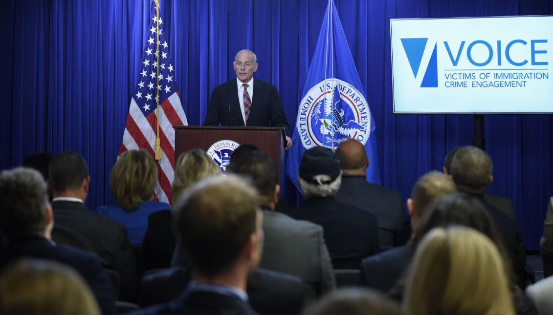 US Secretary of Homeland Security John Kelly announces the creation of an office to help victims of crimes committed by undocumented immigrants during a press conference at the Homeland Security Department in Washington DC, United States, 26 April 2017. EFE/Lenin Nolly