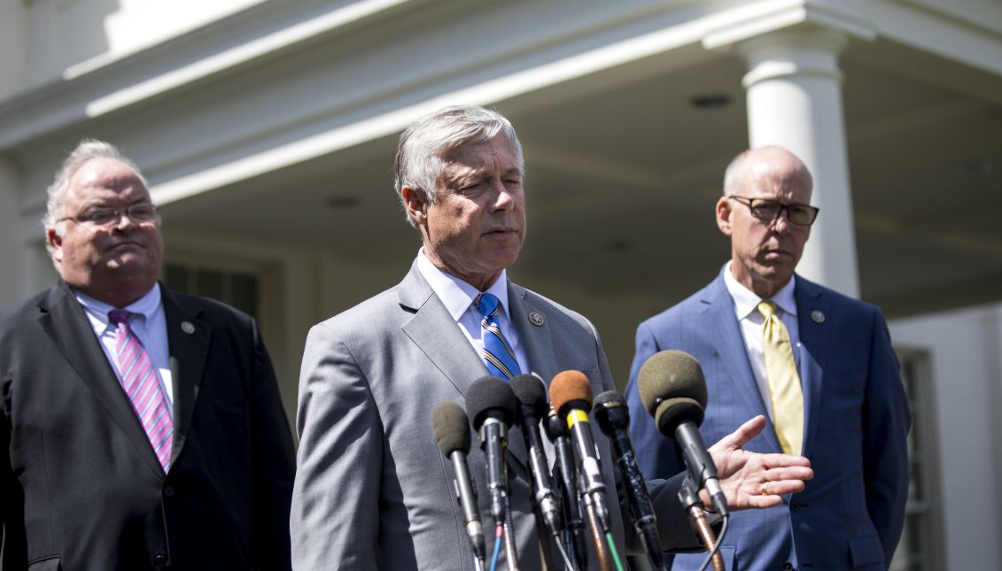 Republican Congressman from Michigan Fred Upton speaks to the media about health care negotiations after meeting with US President Donald J. Trump outside the West Wing of the White House in Washington, DC, USA, 03 May 2017. Upton, and Republican Congressman from Missouri Billy Long (L) have switched their votes to a 'yes' on an Obamacare repeal and replacement. EPA/JIM LO SCALZO