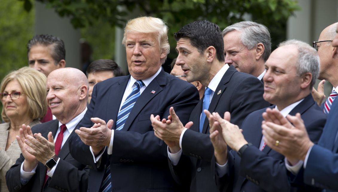 US President Donald J. Trump (C-L) and Republican Speaker of the House from Wisconsin Paul Ryan (C-R), along with GOP lawmakers, prepare to speak after the House voted to repeal and replace Obamacare with a Republican version of the health care law in the Rose Garden of the White House in Washington, DC, USA, 04 May 2017. EPA/JIM LO SCALZO