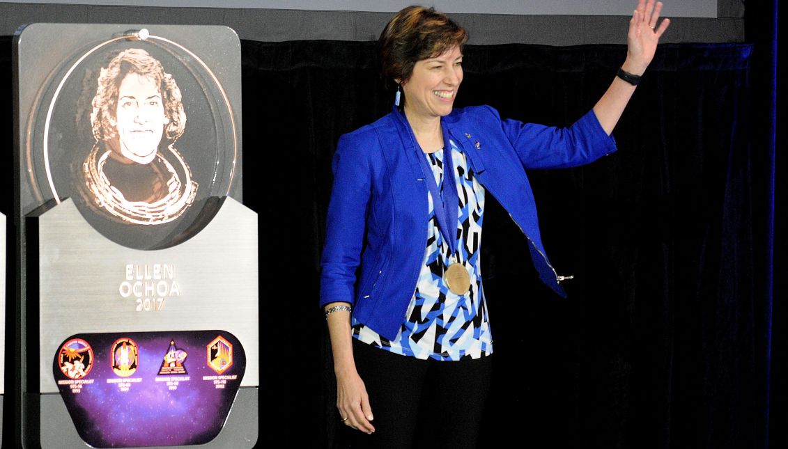 Astronaut Ellen Ochoa waves to the audience during the induction ceremony for the Astronauts' Hall of Fame at the Kennedy Space Center in Port Canaveral, Florida, USA, May 19, 2017. EFE/GERARDO MORA
