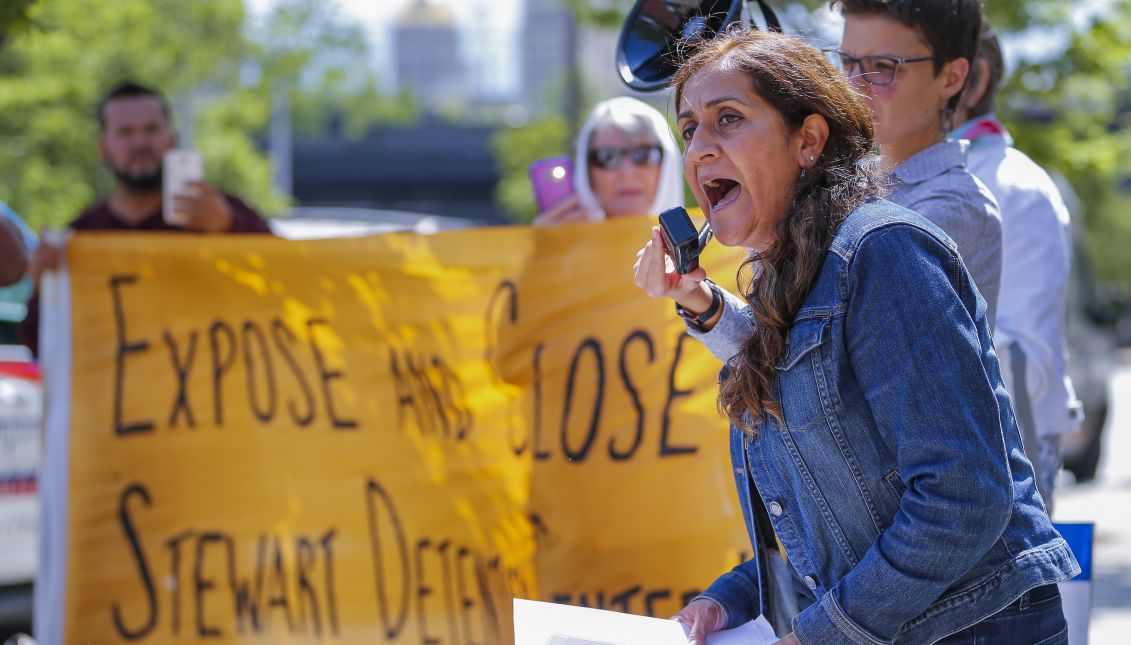 Adelina Nichols, executive director of the Georgia Latino Alliance for Human Rights, speaks during an immigration detention centers protest at the local field office for the Immigration and Customs Enforcement in Atlanta, Georgia, USA, 25 May 2017. EPA/ERIK S. LESSER