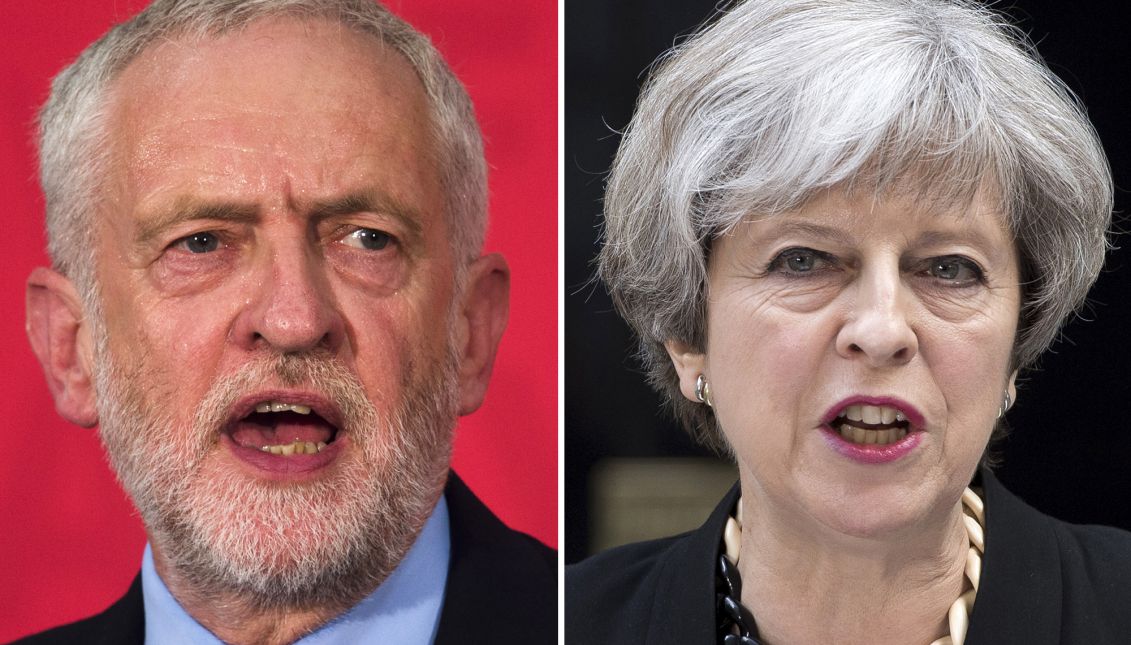 A combo picture shows (L) Labour Party leader Jeremy Corbyn delivering a speech on his party's plans for negotiating Brexit during a campaign stop in Basildon, Essex, Britain, 01 June 2017, and (R) Prime Minister Theresa May delivers a statement on the previous night's terrorist incident, at Downing Street, in London, Britain, 04 June 2017. EPA/WILL OLIVER
