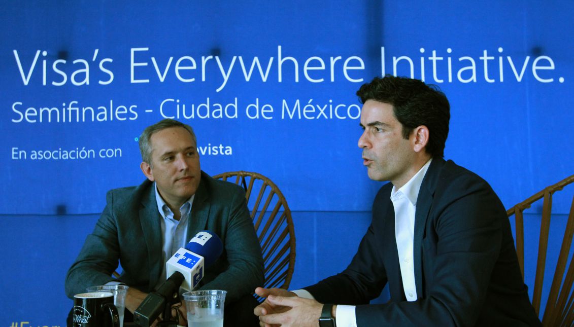 Visa Mexico Vice President Juan Carlos Guillermety (L) and senior director of Product Solutions and New Payment Enablers for Visa Latin America and the Caribbean, Allen Cueli (R), during an interview with Efe in Mexico City, Mexico, Aug. 24, 2017. EFE/Mario Guzman