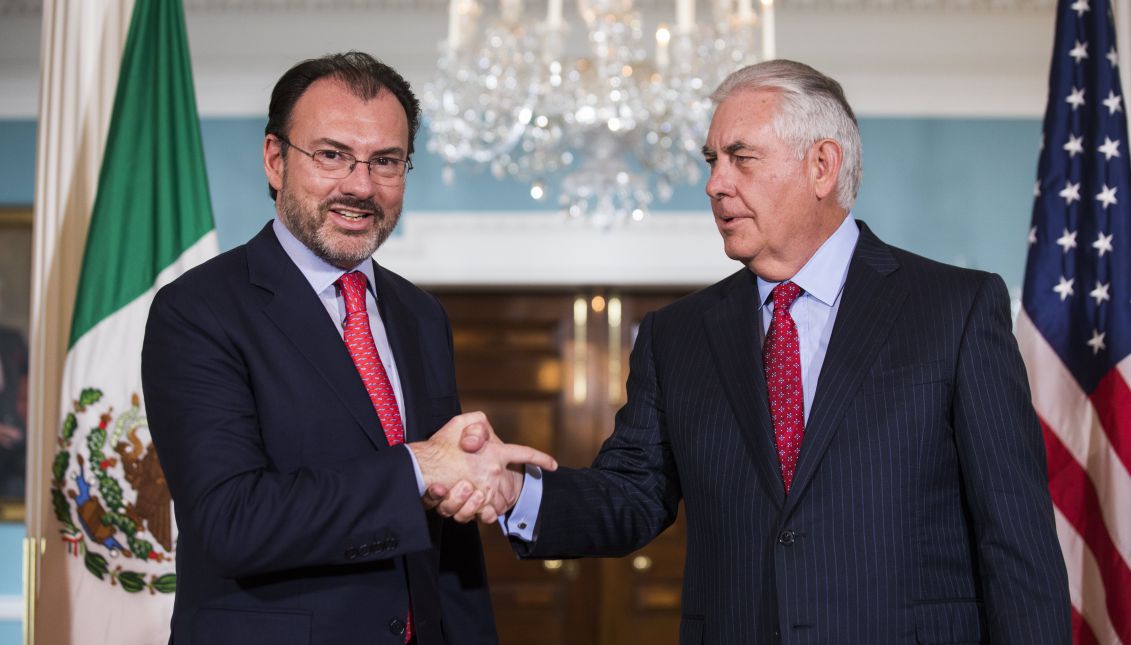 US Secretary of State Rex Tillerson (R) meets with Mexican Foreign Secretary Luis Videgaray Caso (L) at the State Department in Washington, DC, USA, Aug. 30, 2017. EPA-EFE/JIM LO SCALZO