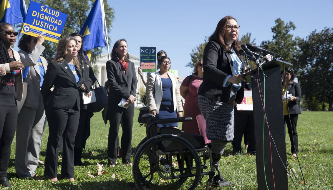 Democratic Senator from Illinois Tammy Duckworth (R) speaks at a rally for the Dream Act with a focus on women, families, and the LGBTQ community; on Capitol Hill in Washington, DC, USA, Oct. 3, 2017. EPA-EFE/MICHAEL REYNOLDS
