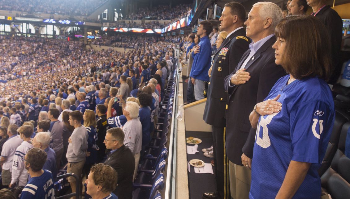 A photo made available by the Office of the Vice President shows US Vice President Mike Pence and his wife, Karen, standing during the national anthem before NFL contest by the San Francisco 49ers and the Indianapolis Colts at Lucas Oil Stadium in Indianapolis on Sunday, Oct. 8. EPA/Office of the Vice President.
