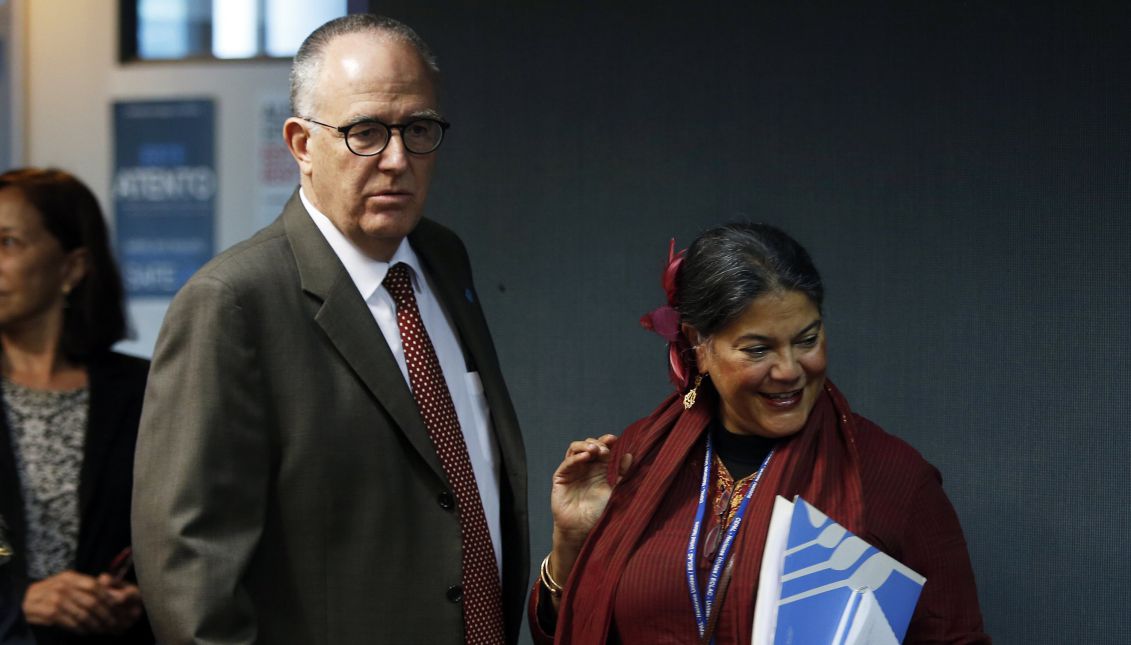 Regional Representative of the United Nations Food and Agriculture Organization (FAO) for Latin America and the Caribbean, Julio Berdegue (L) and deputy representative Eve Crowley (R) attend the presentation of a report on food for the region in Santiago, Chile, Oct. 10, 2017. EPA-EFE/ELVIS GONZALEZ
