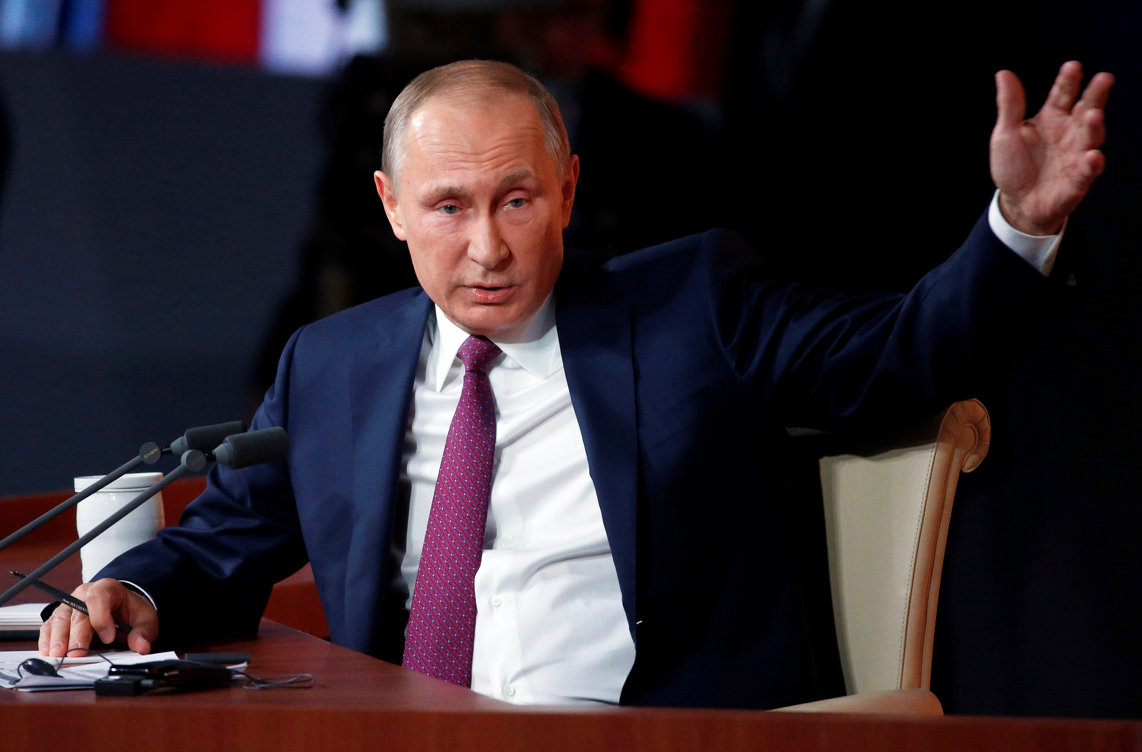 Russian President Vladimir Putin speaks during his annual news conference to Russian federal, regional, and foreign media at the WTC Congress Center in Moscow, Russia, Dec. 14, 2017