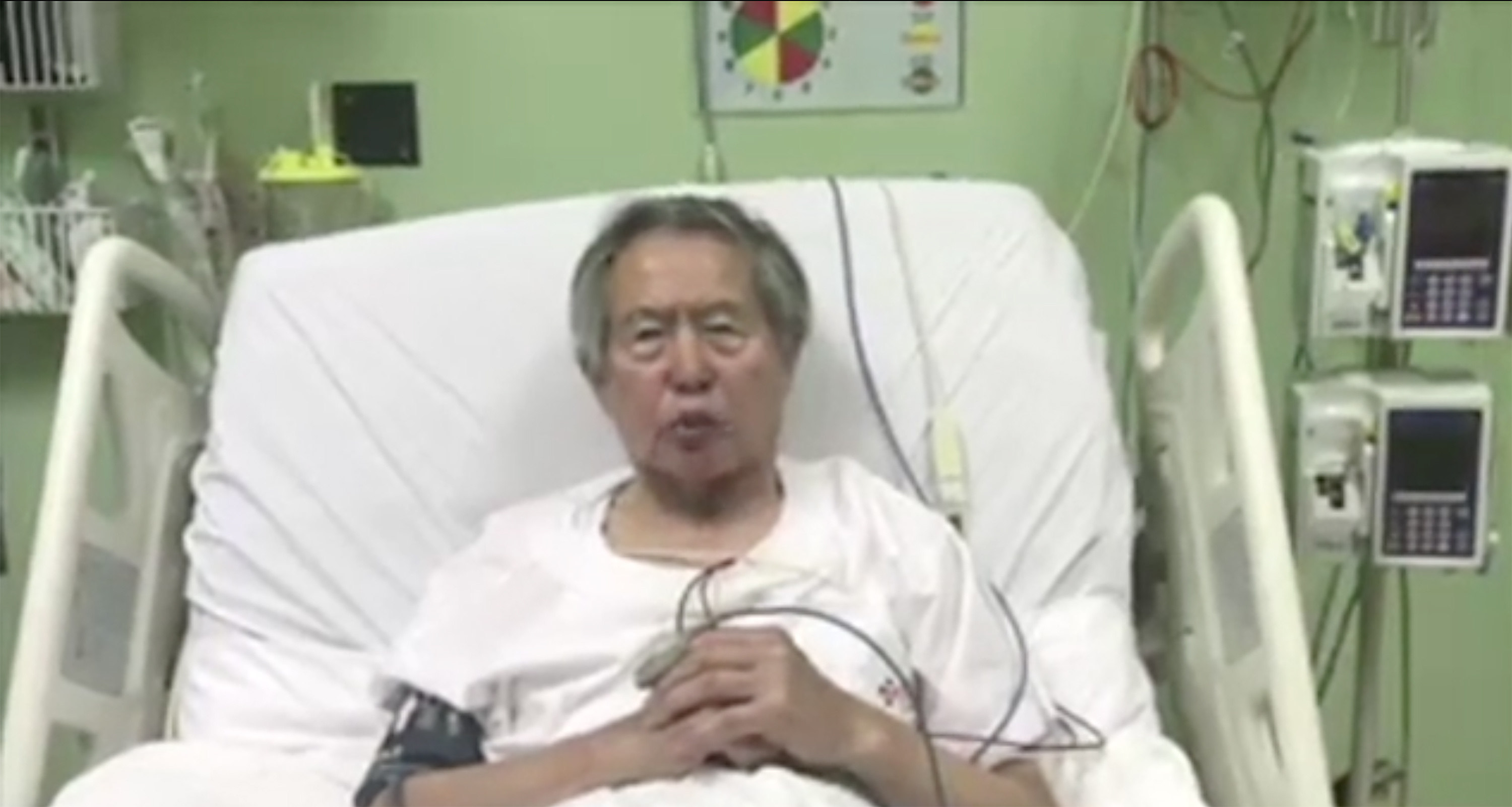 An image from a video released on Dec. 26, 2017, showing former President Alberto Fujimori at the Peruvian clinic where he is being treated following his pardon for crimes against humanity.