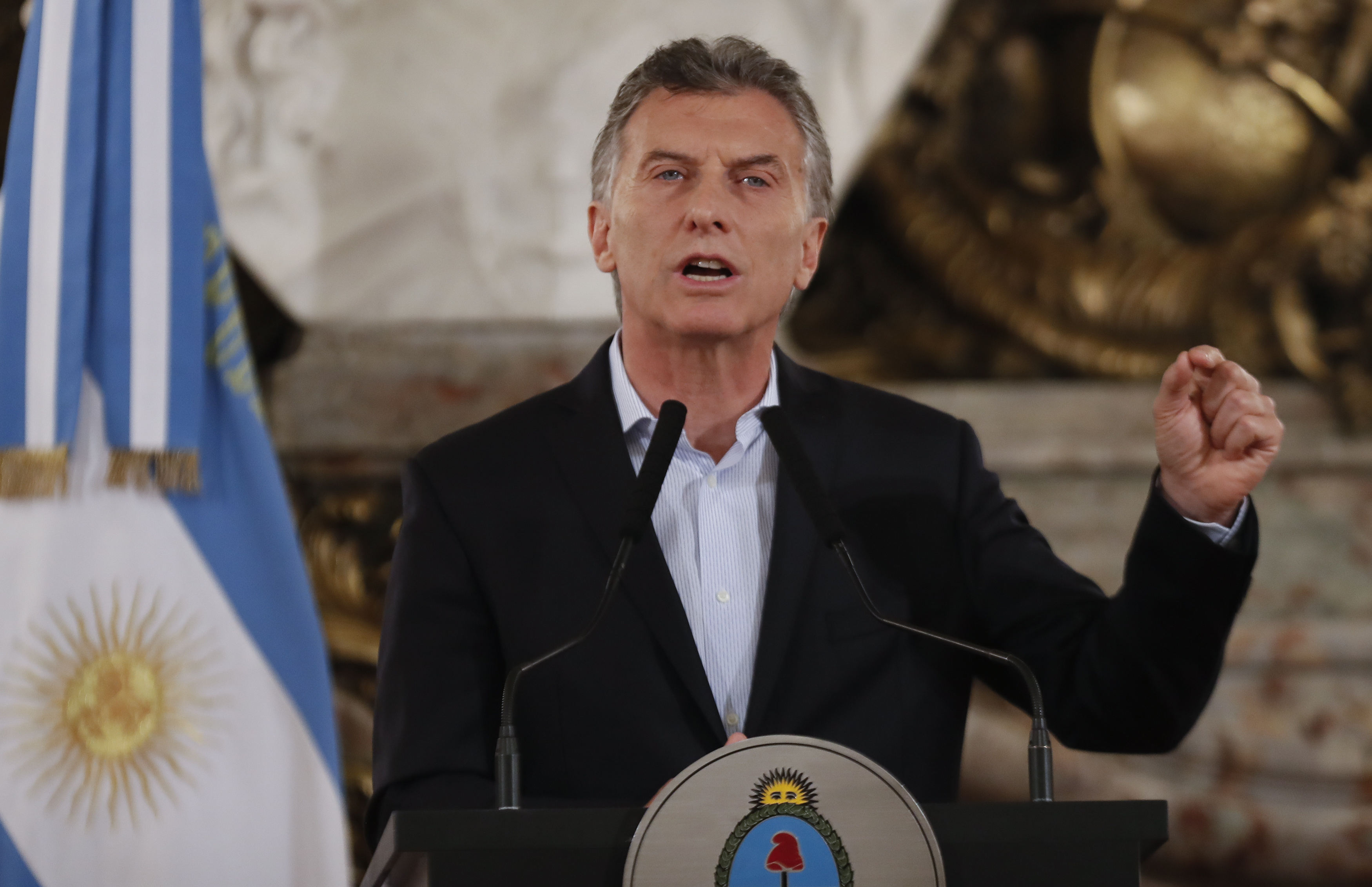 An undated photograph showing President Mauricio Macri delivering an address in Buenos Aires, Argentina.
